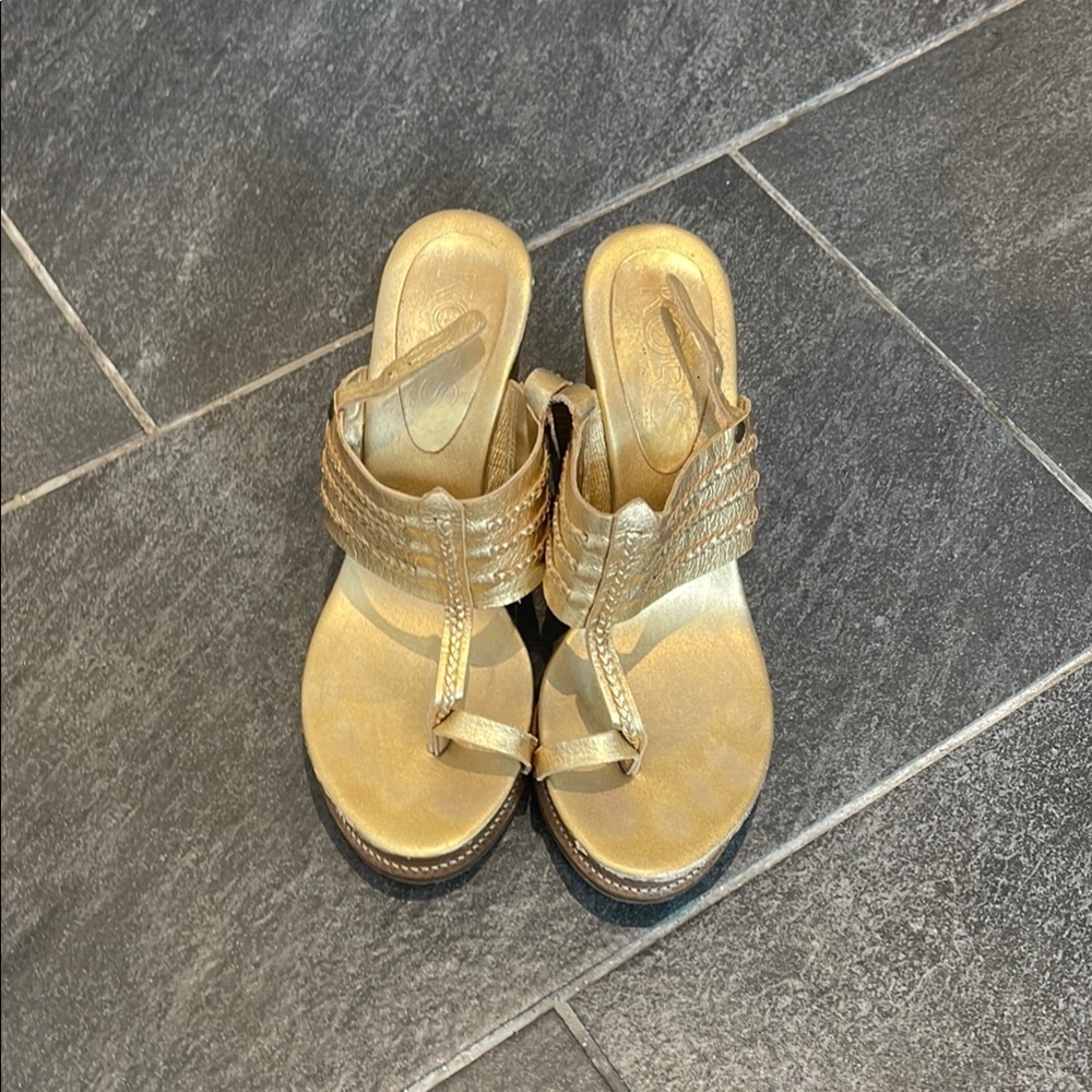 Michael Kors Gold Wedge Sandals with Braided T-Strap